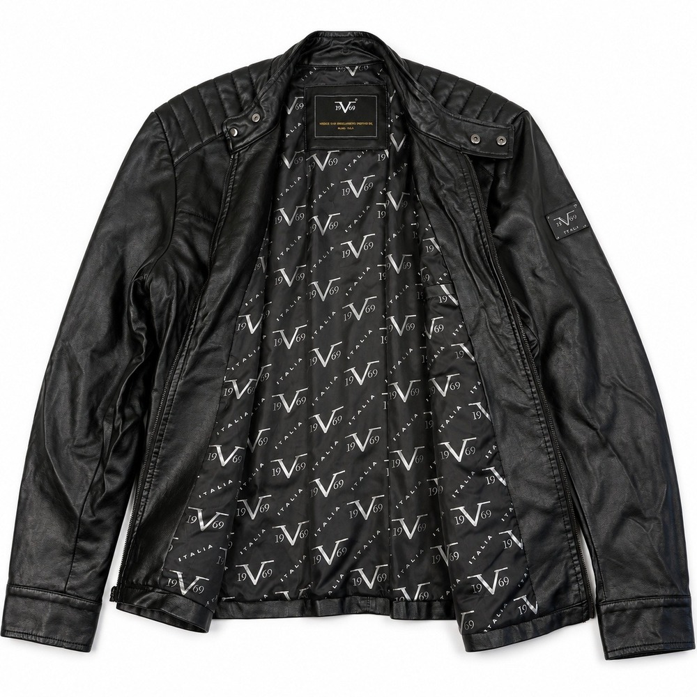 Versace 1969 Faux Leather Moto Jacket Mens XL Black Quilted Shoulder Full Zip